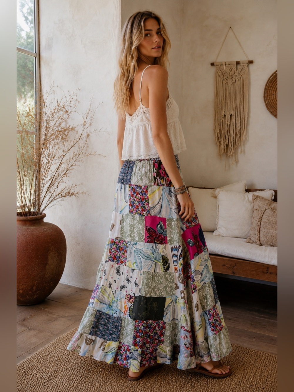 Boho Patchwork Kantha Maxi Drawstring Skirt Cottagecore Prairie Festival Hippie